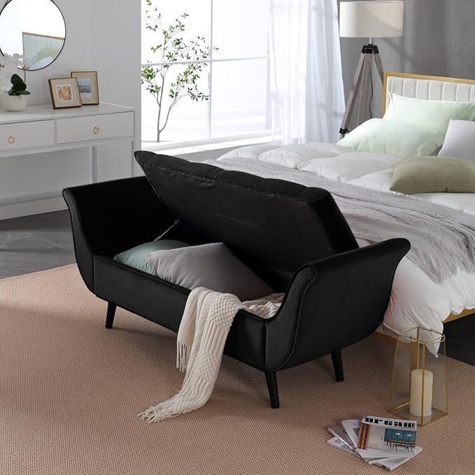 Velvet Storage Bench for Bedroom End of Bed with 2 Pillow, Upholstered Button Tufted Storage Ottoman Bench Footstool Rolled Arm Solid Wood Legs for Entryway Living Room Dining Room (Black)