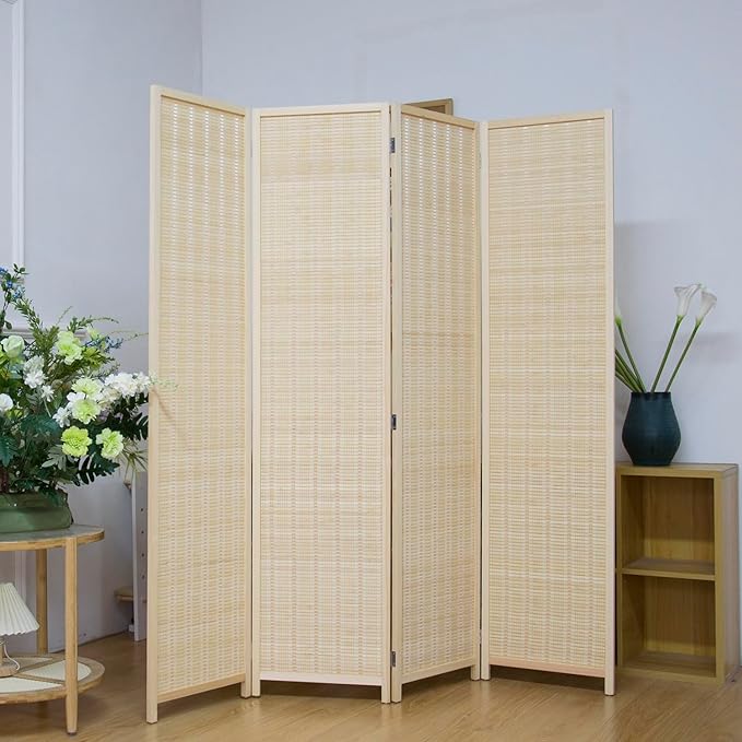 4 Panel Bamboo Room Divider Screen,5.6 FT Tall Bamboo Divider Folding Privacy Screen,Freestanding Panel Divider for Room Seperation,Beige