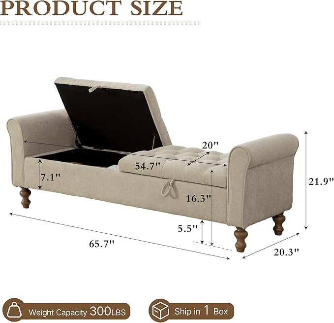 Chifee & Vingol 65" Storage Ottoman Bench Upholstered End of Bed Bench Modern Entryway Benches Double Openings Window Benches for Bedroom Living Room Entryway,Griege