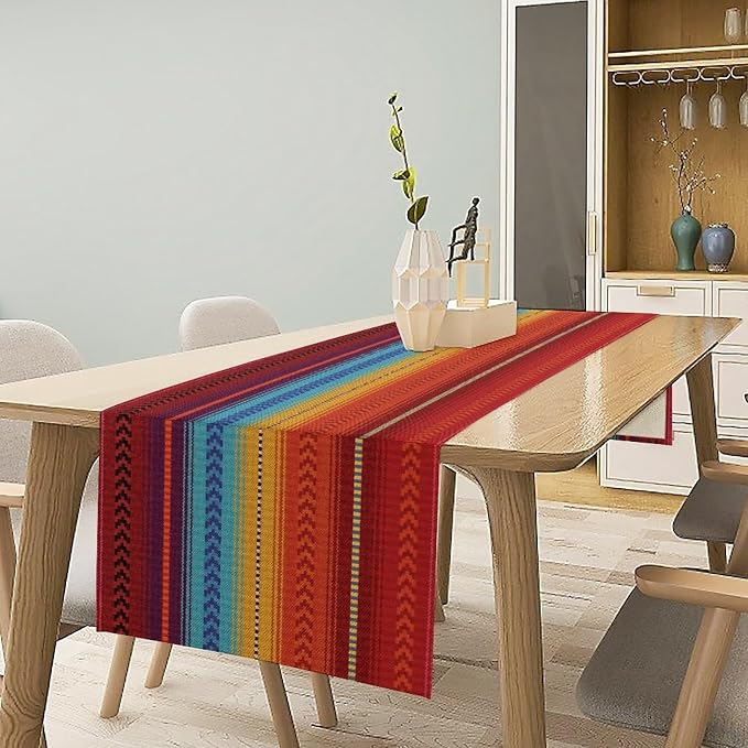 YCness Mexican Table Runner Striped Mexican Poncho Pattern Traditional National Ornament Table Runner for Party Living Room Home Bedroom Kitchen, 13x60 Inch
