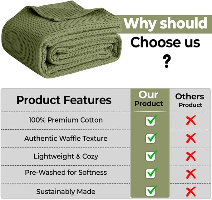 100% Cotton Blankets for Bed - Waffle Weave Blankets for Summer, Lightweight and Breathable Soft Woven Blanket for Spring (Olive Green, King (90" x 108"))