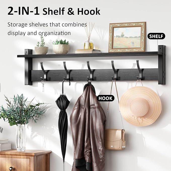 Optish Coat Rack Wall Mount with Shelf, 29 Inch Coat Hanger Walls Mounted, Hat Rack for Walls, Shelf with 5 Coat Hooks, Wall Hanger for Entryway (Black)