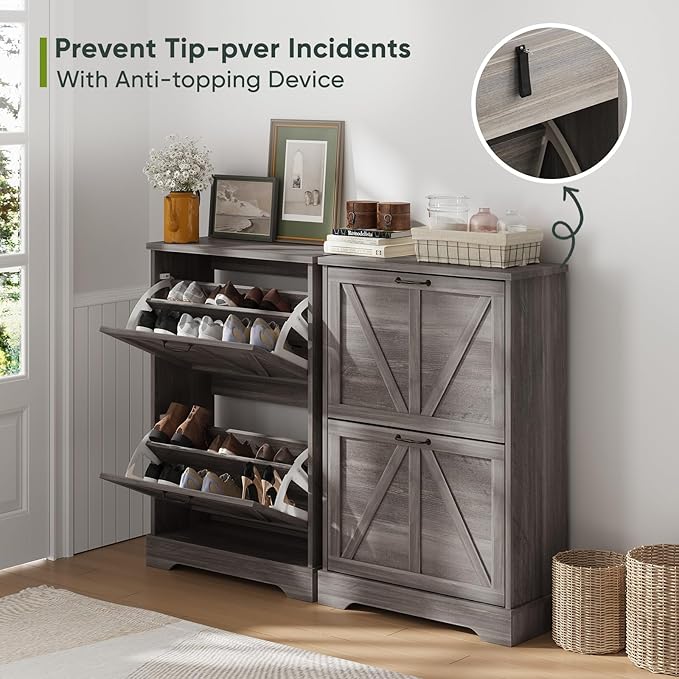 Smart FENDEE Shoe Cabinet, Shoe Storage Cabinet for Entryway with 2 Flip Drawers, Narrow Farmhouse Shoe Organizer Cabinet, Slim Shoe Rack Cabinet, Gery