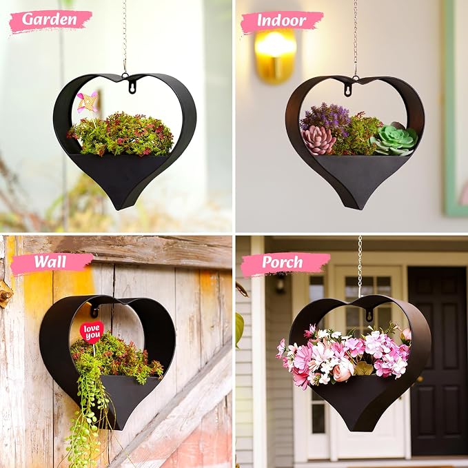 Metal Plant Hangers Indoor and Outdoor: Birthday Gifts for Mom Women Her Wife Garden Lovers - Heart Shape Hanging Planters for Window Wall Living Room Office Decor(Black)