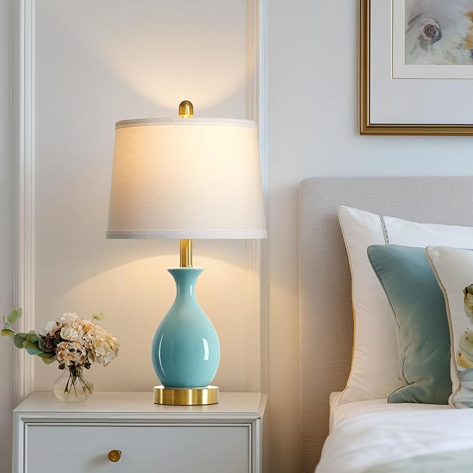 24″ Aqua Blue Ceramic Table Lamp for Living Room, Modern Classic Bedside Lamp for Nightstand, Small Table Lamp for Bedroom End Table (1 Pack)