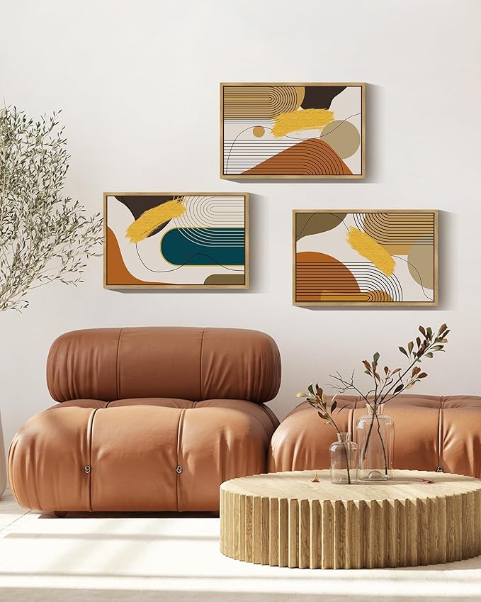PHOPAGO 16x24in Large Boho Abstract Framed Wall Art Modern Minimalist Luxury Gold Line Artwork Kitchen Dining Room Decor Natural Framed
