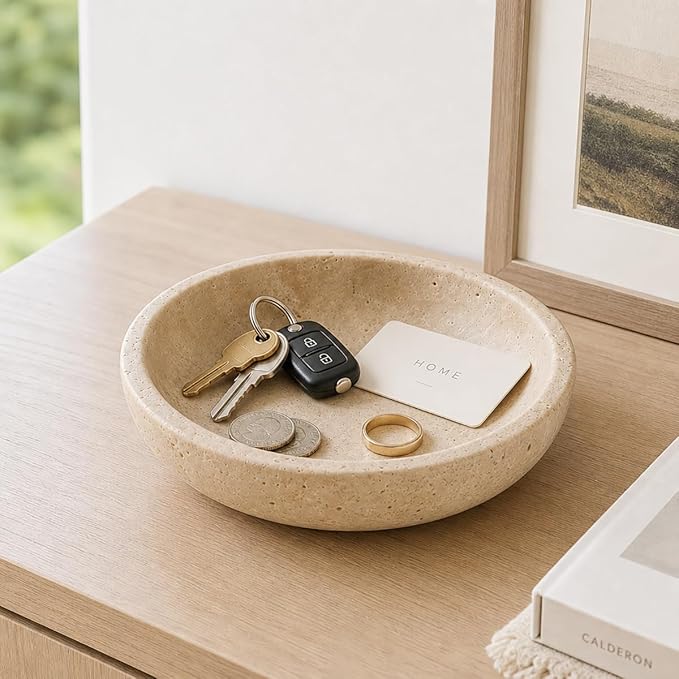 Natural Travertine Decorative Bowl for Coffee Table – 7.8”Handmade Beige Stone Fruit Bowl, Key Bowl for Entryway Table, Modern Catchall Tray, Vanity Jewelry Dish, Rustic Home Decor Centerpiece