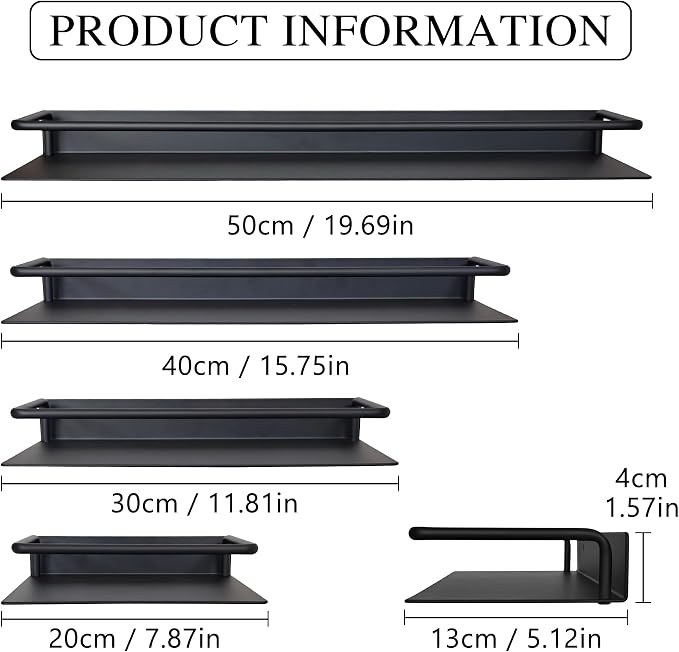 RFOUO 20 Inch Black Metal Wall Shelf with Guard Rail, Long Wall Mounted Bathroom Shelf, Aluminum Floating-Style Display Shelf for Kitchen Bedroom Decor Storage Organizer, 1 Pack
