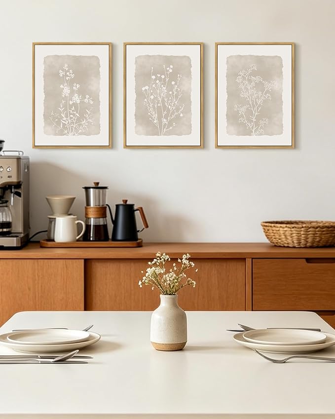 KUVIOKE Boho Botanical Flower Wall Art Framed Vintage Floral Wall Prints Wildflower Neutral Rustic Bohemain Artwork Kitchen Bedroom Decor 11x14in (Natural Framed)