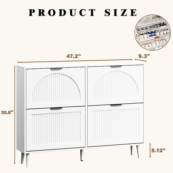 Shoe Storage Cabinet with 2 Flip Drawers, Narrow Wood Shoe Organizer Cabinet, Slim Freestanding Fluted Shoe Cabinet for Entryway, Living Room, Hallway (White, 4-Drawers)