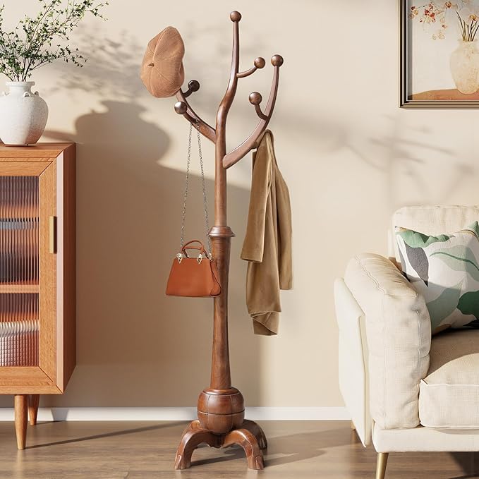 Wooden Coat Rack Freestanding with 8 Hooks, Heavy Duty Coat Hanger Stand with Stable Base, Vintage Coat Tree Standing Coat Racks for Entryway, Hallway, Bedroom (Walnut)