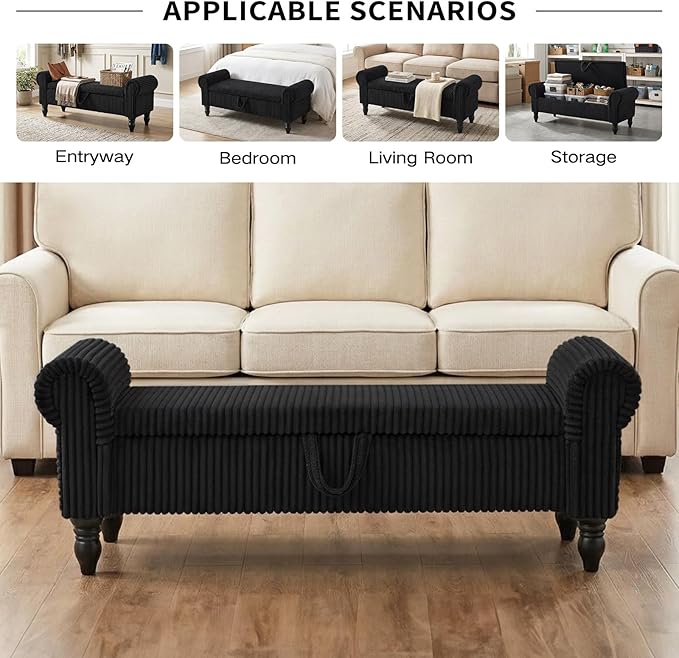 Storage Bench for Bedroom, Ottoman with Storage, Upholstered Ottomans Benches with Rolled Arms for Bedroom End of Bed, Living Room, Entryway (Corduroy/Black)
