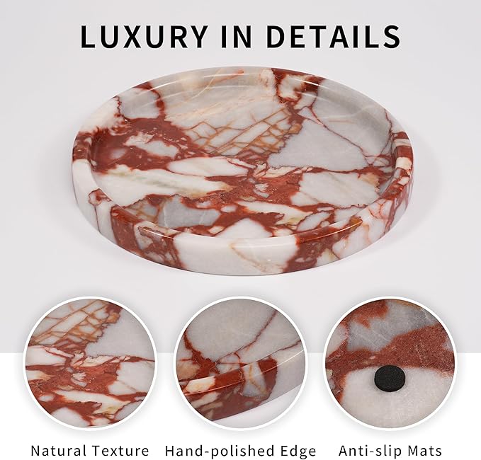 Marble Perfume Jewelry Tray - Stone Trinket Ring Key Purse Holder Dish, Round Plate Decorative Bowl for Nightstand Entryway Coffee Table Decor (7.9 inch)