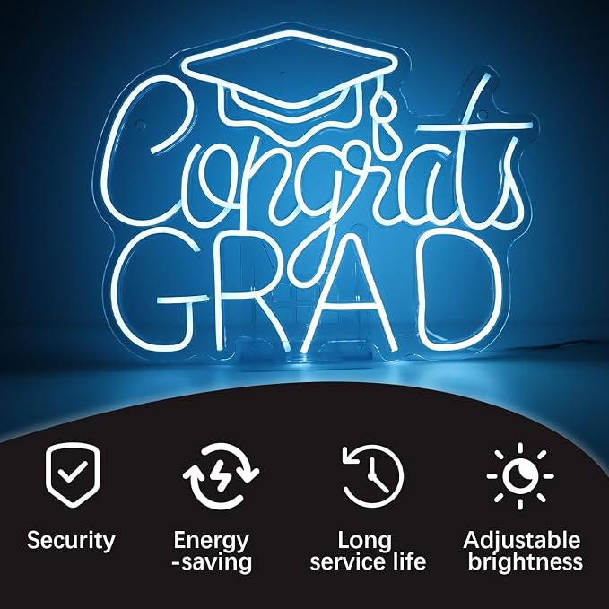 “Congrats Grad” Ice Blue Neon Sign – 16.5×12.6 in Unique Aqua-Tone LED Light for Med School & Engineering Grads, Dimmable with Wired Controller, Includes Wall Anchors – Class of 2026