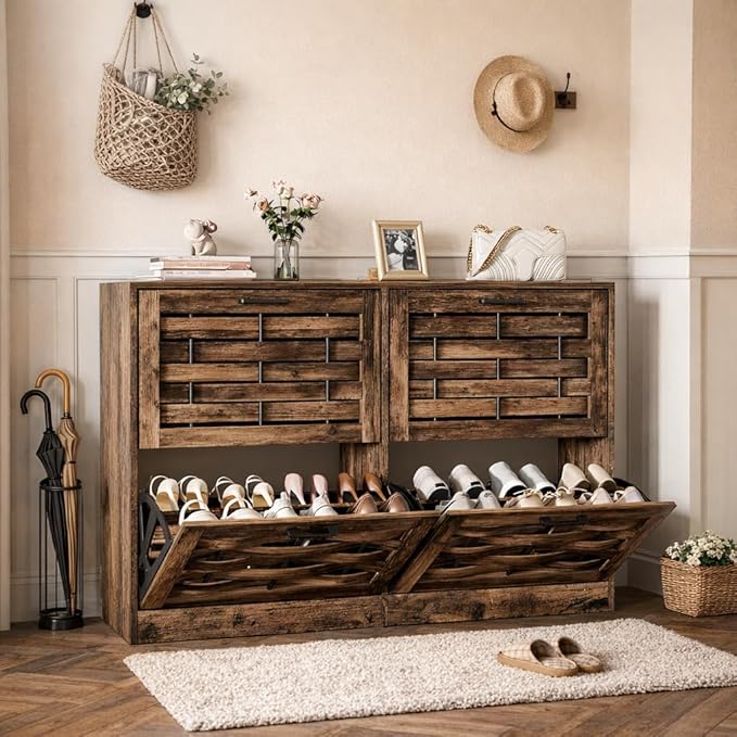 Shoe Cabinet Storage for Entryway with 4 Flip Drawers, Slim Shoe Rack Cabinet with Stylish Handwoven Panel, Farmhouse Shoe Organizer Cabinet for Hallways, Living Rooms, Rustic Brown