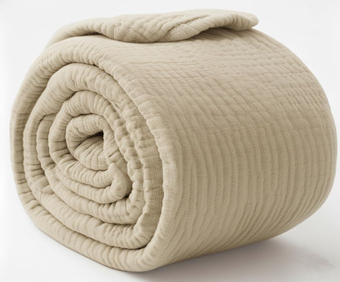 KyraHome 100% Organic Cotton Msulin Throw Blankets, Queen 90"x90", Pre-Washed Plant Dyed, Breathable Lightweight Soft Gauze Summer Blankets for Adults, Bed, All Season, Oatmeal Khaki