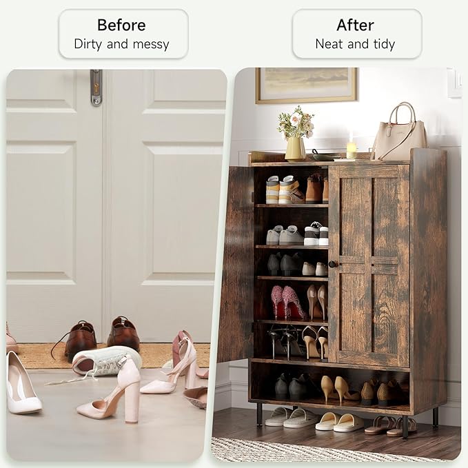 ONBRILL Shoe Storage Cabinet with Cross Molding Doors, 6-Tier Shoe Cabinet with 3 Adjustable Shelves and Metal Legs, 45 Inch Tall Shoes Rack Organizer for Entryway, Front Door, Rustic Brown