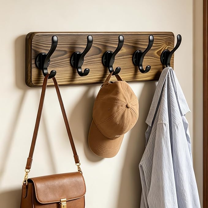 17" Coat Rack Wall Mount, Rustic Wall Mounted Coat Rack, Pine Solid Wood Coat Hook Hanger with 5 Metal Hooks- Wall Coat for Hanging Clothes Key Robes Towels Coats