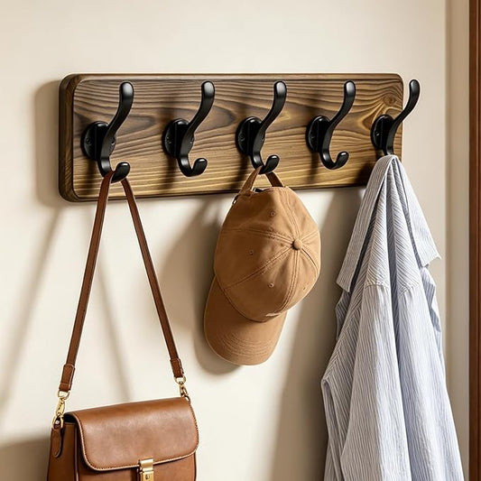 17" Coat Rack Wall Mount, Rustic Wall Mounted Coat Rack, Pine Solid Wood Coat Hook Hanger with 5 Metal Hooks- Wall Coat for Hanging Clothes Key Robes Towels Coats