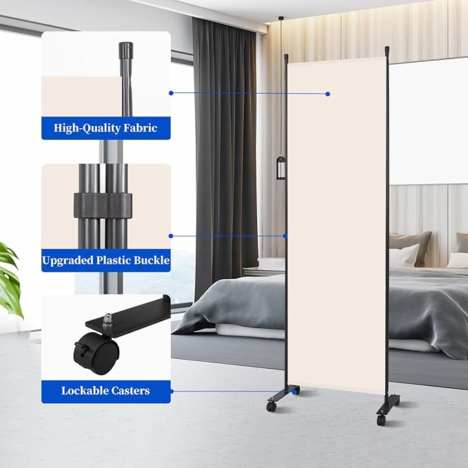 Room Divider 6FT Room Partition with Lockable Wheels, (Thicked Metal Base) Room Dividers, Freestanding Indoor Folding Privacy Screens, Portable Fabric Wall Divider for (Beige, 21.5"- 1 Panel)