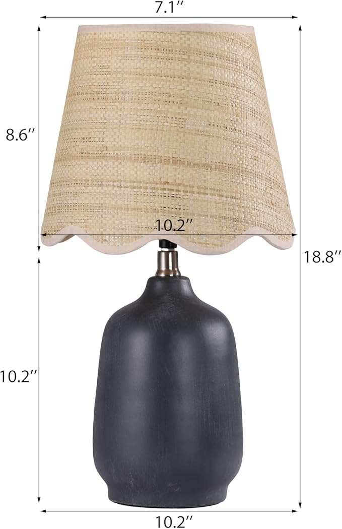 Pia Ricco Set of 2 19" Modern Ceramic Table Lamp for Living Room Cream Base Desk Lamps for Bedroom Farmhouse Bedside Nightstand Lamp End Table Lamps,Black,Rattan Shade