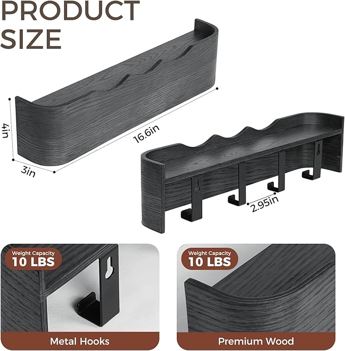 Coat Rack Wall Mount with Shelf Entryway Shelf Modern Key Holder Hanger Wall Shelves with Hidden Hooks for Hanging Towels Coats Hats Bags for Hallway Bathroom Bedroom (Wavy Black, 4 Hooks)