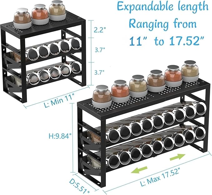 Jojocross Expandable, Stackable, Adjustable Spice Rack kitchen Organizer,Metal Pantry Storage Shelves - Multi-Tier Shelf for Cabinet, Countertop, Pantries, Cupboard or Wall Mount,Black