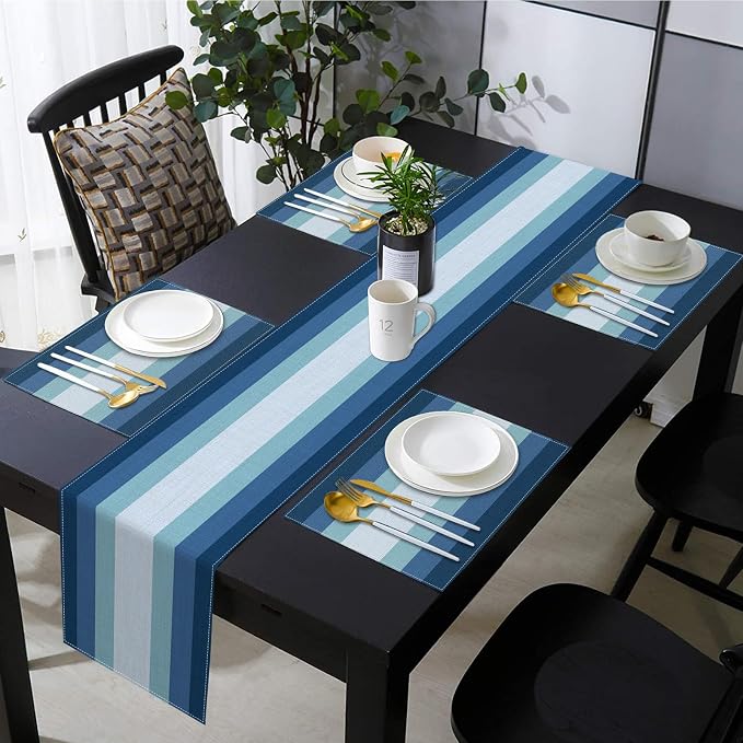 Emvency Navy Blue Gradient Table Runner and Placemats Set of 6, Modern Abstract Geometric Painting Art Dining Decor for Daily Use(1 Table Runner 72 inches Long and 6 Placemats)