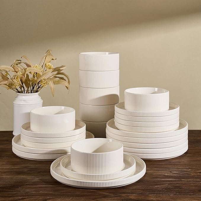 Star 24-Piece Plates and Bowls Set, Porcelain Dinnerware Sets for 8 Service, Modern Dish Set-Chip and Scratch Resistant, Dishwasher & Microwave Safe, Creamy White