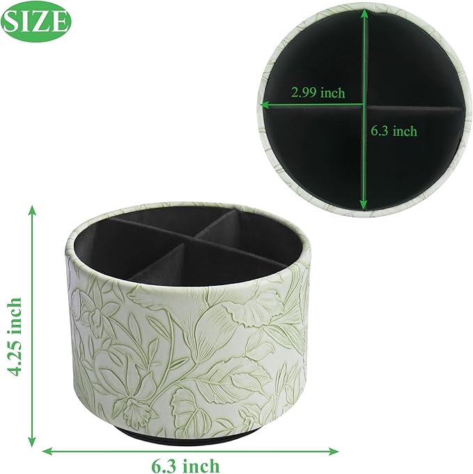 Round Leather Art Supply Organizer,Remote Control Holder,360 Degree Spinning,Multi-Functional Pencil Holder,4 Compartments Desktop Stationary Organizer(1-Carved Green)