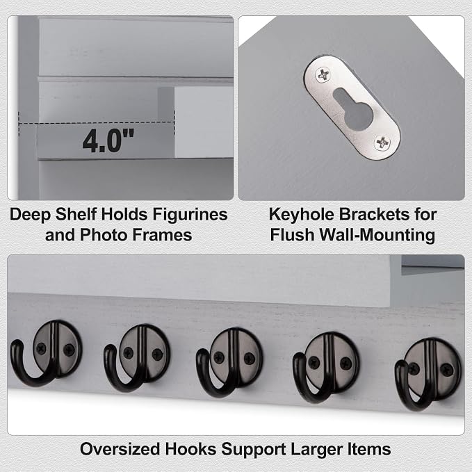 Lwenki Key Holder Wall Mount, Entryway Key and Mail Holder with 7 Sturdy Hooks for Sunglasses, Dog Leash, Decorative Wall Shelf with Mounting Hardware, 15”W x 6.7”H x 4.2”D (Gray)
