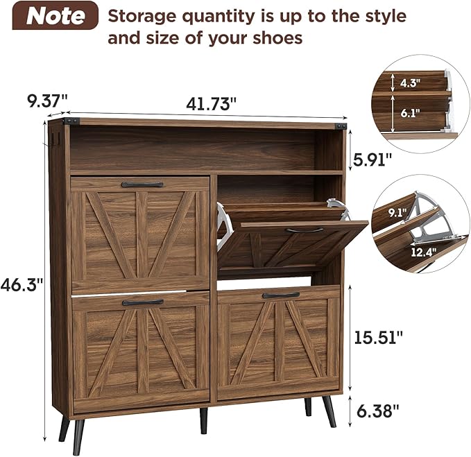 Vabches Shoe Cabinet with 4 Flip Drawers,Narrow Shoe Storage Cabinet for Entryway,Farmhouse Freestanding Shoe Organizer Rack for Hallway,Dark Walnut