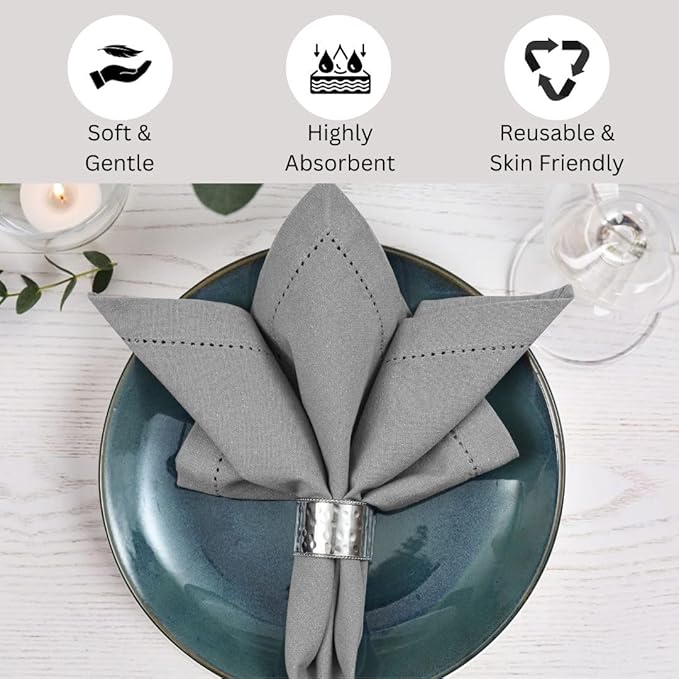 Hemstitch Cloth Dinner Napkins 100% Cotton Set of 12 - for Dining Special Occasions Weddings Parties Holidays Easter - Soft Durable Washable - 18x18 Inch Table Cloth Napkins Light Grey