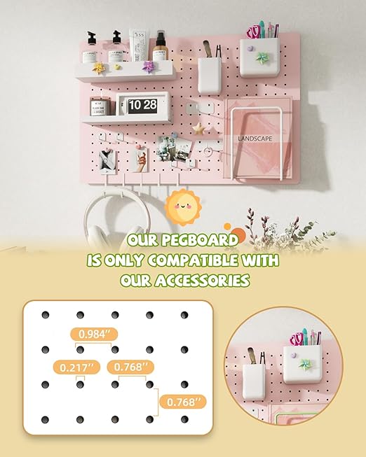 Metal Pegboard Kit — Carbon Steel Pegboards with 26 Accessories, Pegboard Wall Organizer for Home, Office, Study Room, Kitchen, Craft Room & Gaming Setup— 24″ × 16″ Pink Peg Board