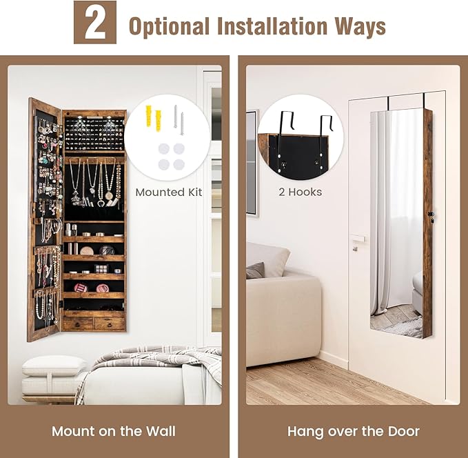 LOKO Mirrored Jewelry Armoire, Wall/Door Mounted Jewelry Cabinet with Full-Length Mirror, Lockable Jewelry Storage Organizer with 2 Drawers & 2 LED Lights, for Girls Women Gift Bedroom (Rustic Brown)