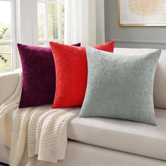 decorUhome Chenille Grey Throw Pillow Covers 12x20 Inch Set of 2, Decorative Soft Couch Pillow Covers Solid Dyed Accent Farmhouse Neutral Rectangle Pillow Cases for Sofa