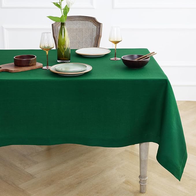 Solino Home Linen Tablecloth for Rectangle Tables 60 x 108 Inch - 100% Pure Linen Christmas Green Table Cloth - Fete, Machine Washable Cloth Tablecloth