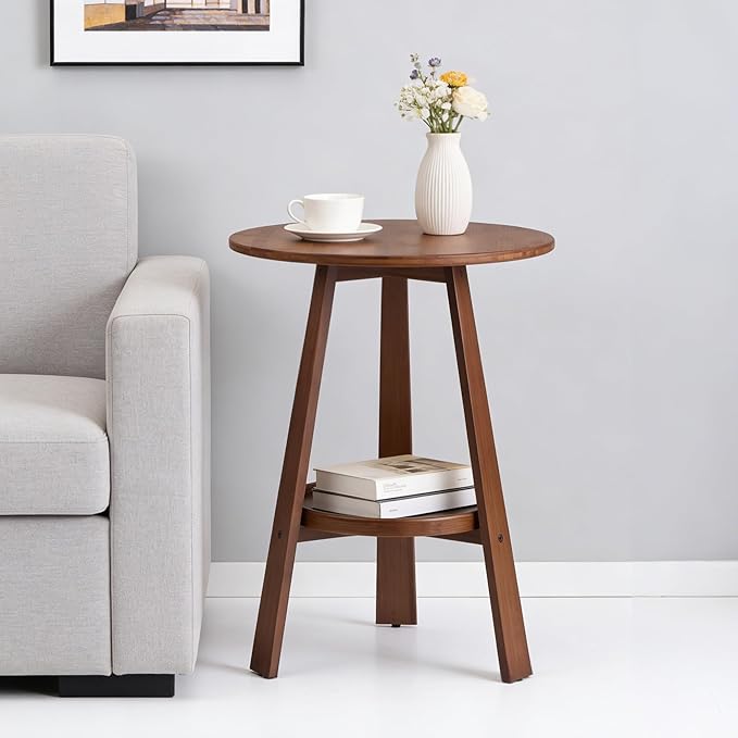 Bamboo Round End Table with Storage Shelf, 2-Tier Mid-Century Modern Accent Table, Small Space Side Table Nightstand for Living Room Bedroom Sofa