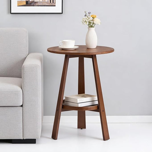 Bamboo Round End Table with Storage Shelf, 2-Tier Mid-Century Modern Accent Table, Small Space Side Table Nightstand for Living Room Bedroom Sofa