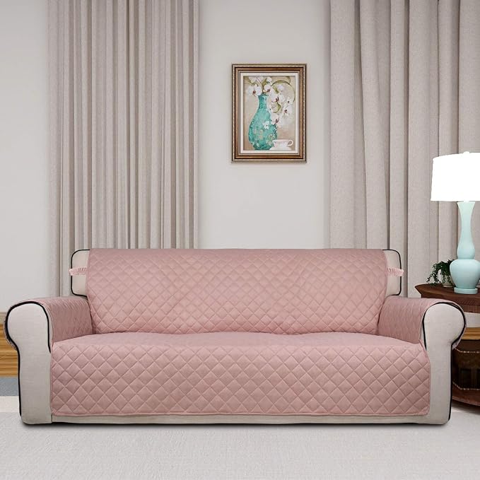 PureFit Reversible Quilted Sofa Cover, Water Resistant Slipcover Furniture Protector, Washable Couch Cover with Non Slip and Elastic Straps for Kids, Dogs, Pets (Sofa, Pink/Beige)