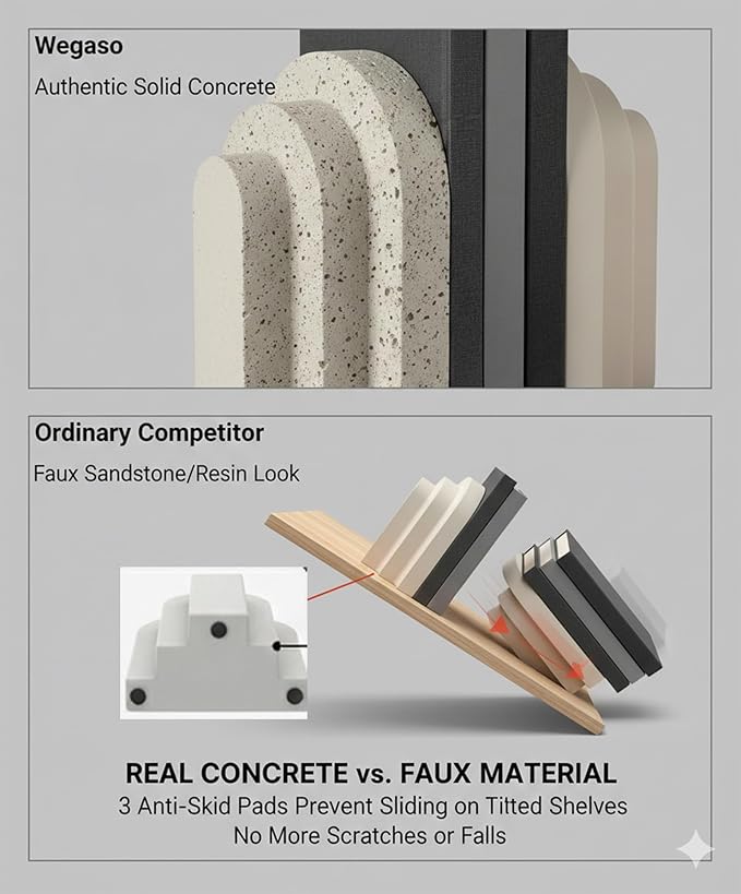 Concrete Bookends for Shelves - Vintage Heavy Duty Decorative Book Ends for Heavy Books, Concrete Book Stopper for Decorative Books Reinforced Modern Design, Durable for Living Room & Study(2-Pack)