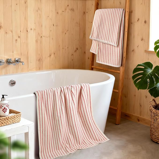 Jacquotha Striped Bath Towels Set of 2 (Coral Red), Lighter & Quick Dry Towels Large 27.5 x 55 inches, Farmhouse for Bathroom Decor, Shower, Pool Days