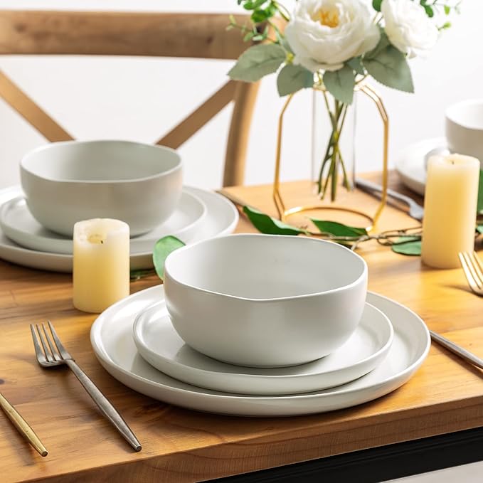 AmorArc Ceramic Dinnerware Sets, Wavy Rim Stoneware Plates and Bowls Sets,Dishwasher & Microwave & Oven Safe Dishes set, Service for 4 (12pc)-Matte White