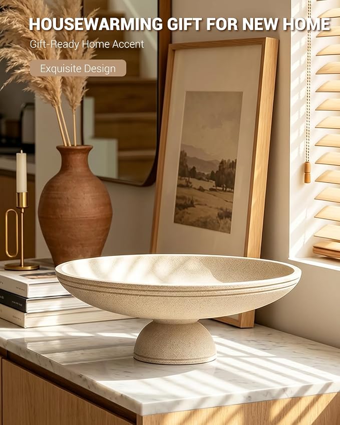 Large Decorative Bowl, Handcrafted Beige Resin Pedestal Centerpiece, Fruit Bowl for Kitchen Counter, Durable Catch-All Dish and Entryway Key Holder, Modern Home Decor, 11.7 in