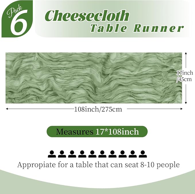 6 Pack Sage Green Cheesecloth Table Runner, 17 x 108 Inch, Gauze Cheese Cloth Table Runner Rustic Sheer Runner for Wedding Birthday Party Baby Shower Table Decor(Sage Green)