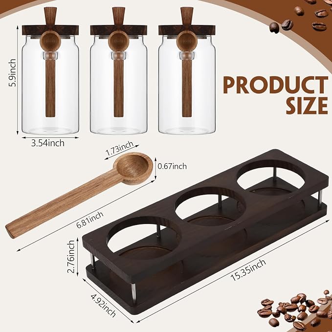 Suclain 3 Pcs Glass Coffee Bean Container 29 oz Airtight Coffee Canister with Shelf and Measuring Spoon Kitchen Food Canister Jar for Sugar Candy (Retro Style, Wood, Glass, Stainless Steel)