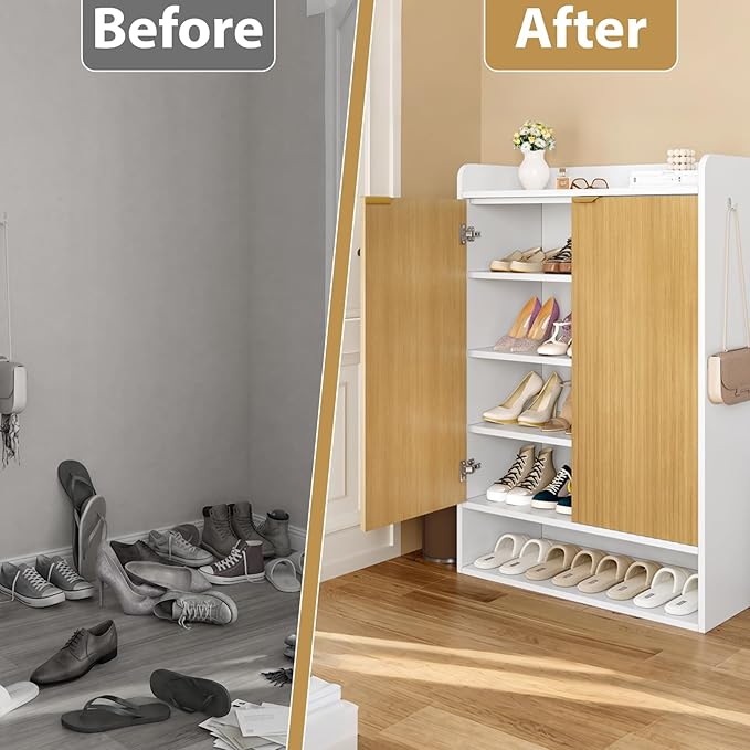 DreamDashio Fluted Shoe Cabinet Storage with Doors, 5-Tier Modern Shoe Storage Cabinet with Side Hooks, Open Shelf & Adjustable Shelves, Tall Shoe Rack Organizer Cabinet for Entryway, Hallway, White
