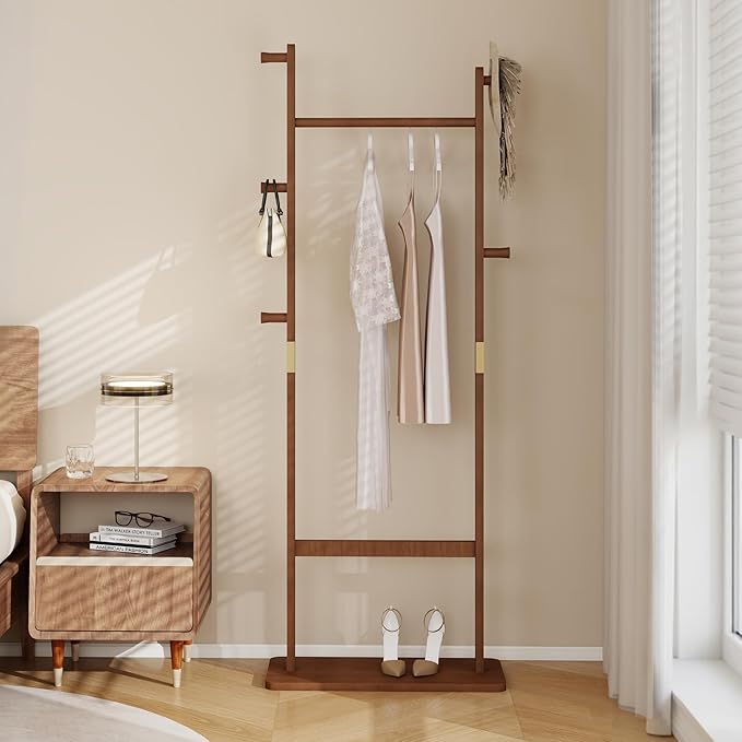 CHANCEE Solid Wood Coat Rack, Freestanding Clothes Rack with Shoe Storage, Heavy-Duty Hall Tree with 5 Hooks, Corner Coat & Hat Stand for Bedroom, Entryway, Living Room, Hotel