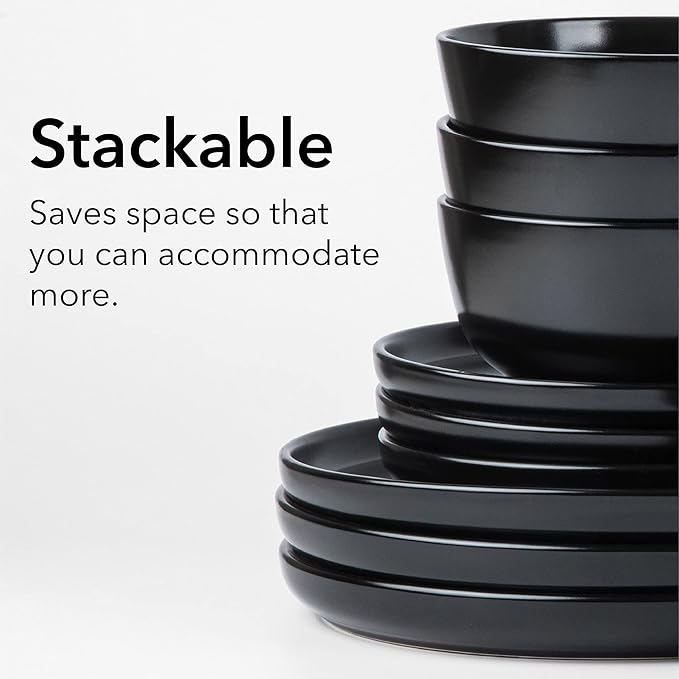ARORA SKUGGA Round Stoneware 16pc Double Bowl Dinnerware Set for 4, Dinner Plates, Side Plates, Cereal Bowls, Pasta Bowls - Matte Black (467586)