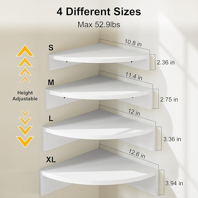 Alsonerbay White Corner Shelf Wall Mount, Set of 4 Floating Shelves for Storage and Display, Large Wooden Shelves for Bedroom, Living Room, Bathroom, Entryway, Garage